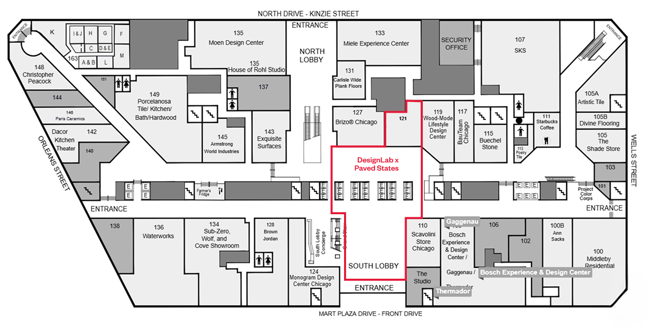 Floor plan of THE MART showing Paved States installation in Suite 121 and the South Lobby